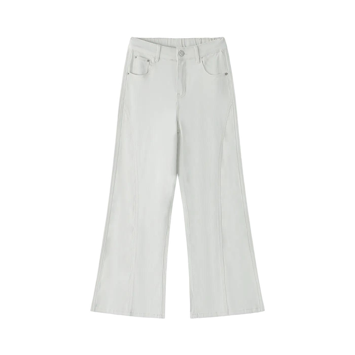 Pantalón acampanado gris claro getabbe vista trasera, estrella negra bordada en bolsillo trasero derecho, dos bolsillos traseros parche, cintura elástica, pierna flare, mujer, fondo blanco
