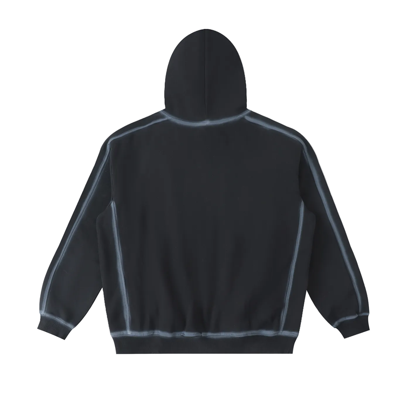 Sudadera oversized negra lavada getabbe con capucha, texto "département de design français" en blanco al frente, costuras visibles con efecto sun fade, corte holgado, fondo blanco