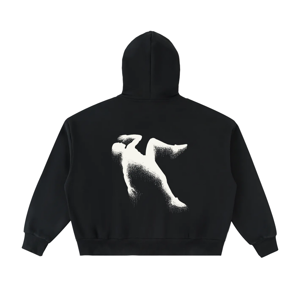 Sudadera negra con capucha getabbe, vista trasera con gráfico spray art de figura humana en blanco cayendo, corte crop holgado, manga larga, fondo blanco