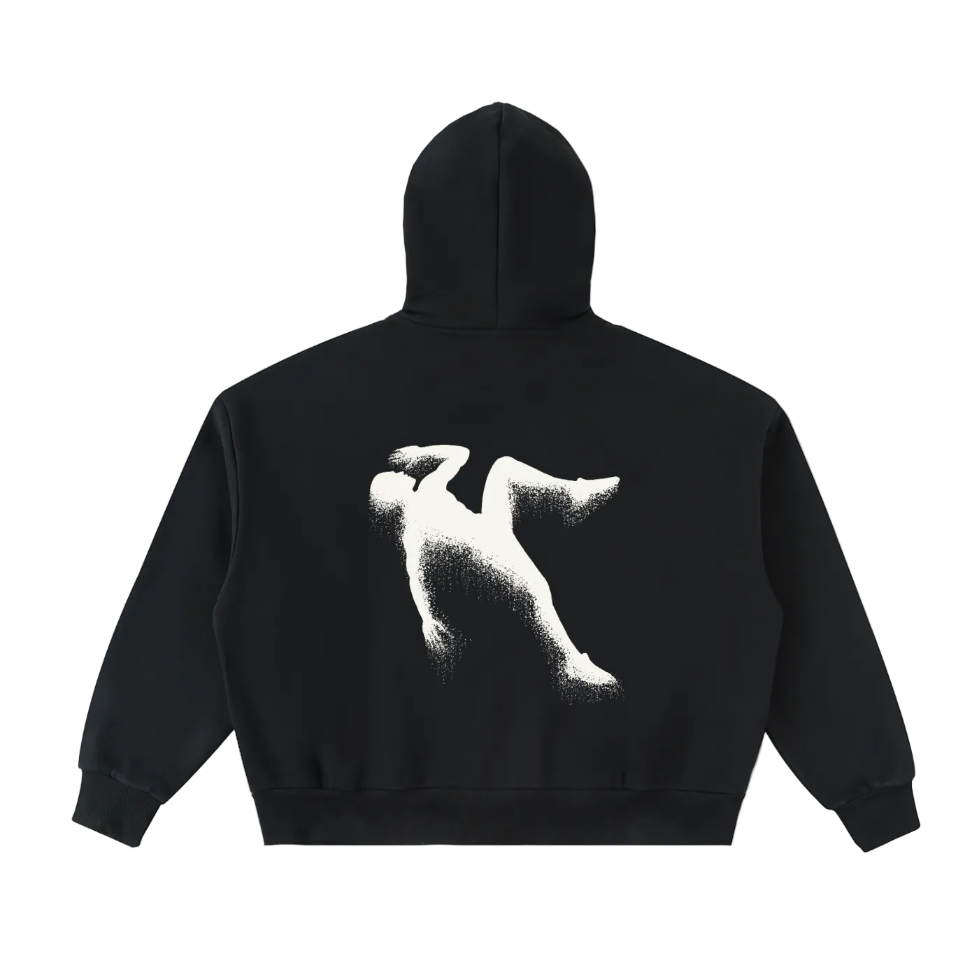 Sudadera negra con capucha getabbe, vista trasera con gráfico spray art de figura humana en blanco cayendo, corte crop holgado, manga larga, fondo blanco