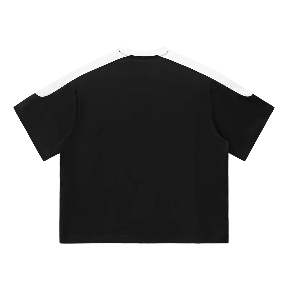 Camiseta oversized negra getabbe con texto "département de design français" en blanco al centro, panel blanco en hombros y cuello redondo en contraste, manga raglán color block, corte holgado unisex, fondo blanco