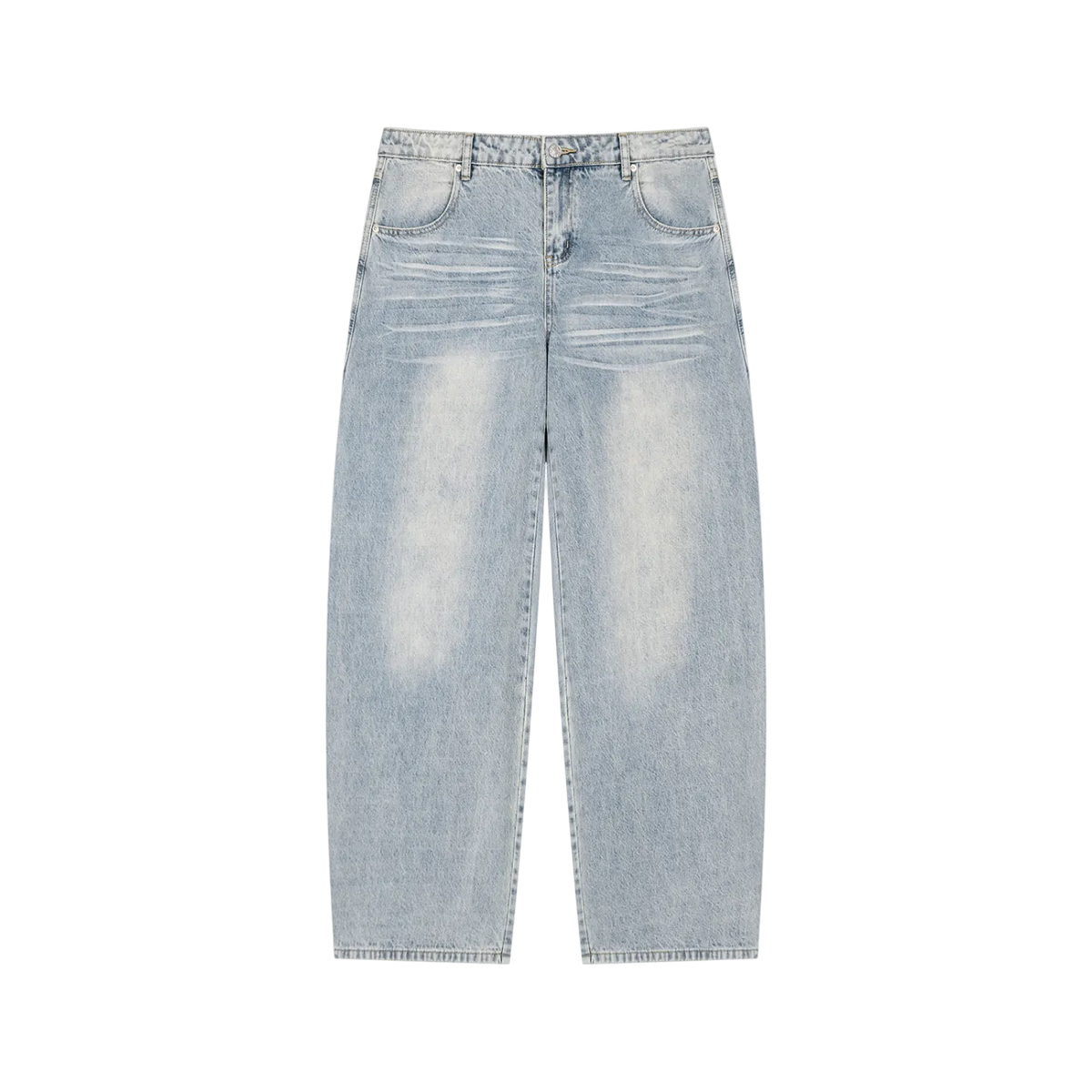 Jeans azules pierna ancha getabbe con lavado enzyme wash vintage, desgaste en muslos, corte holgado balloon, talle medio, bolsillos frontales, fondo blanco