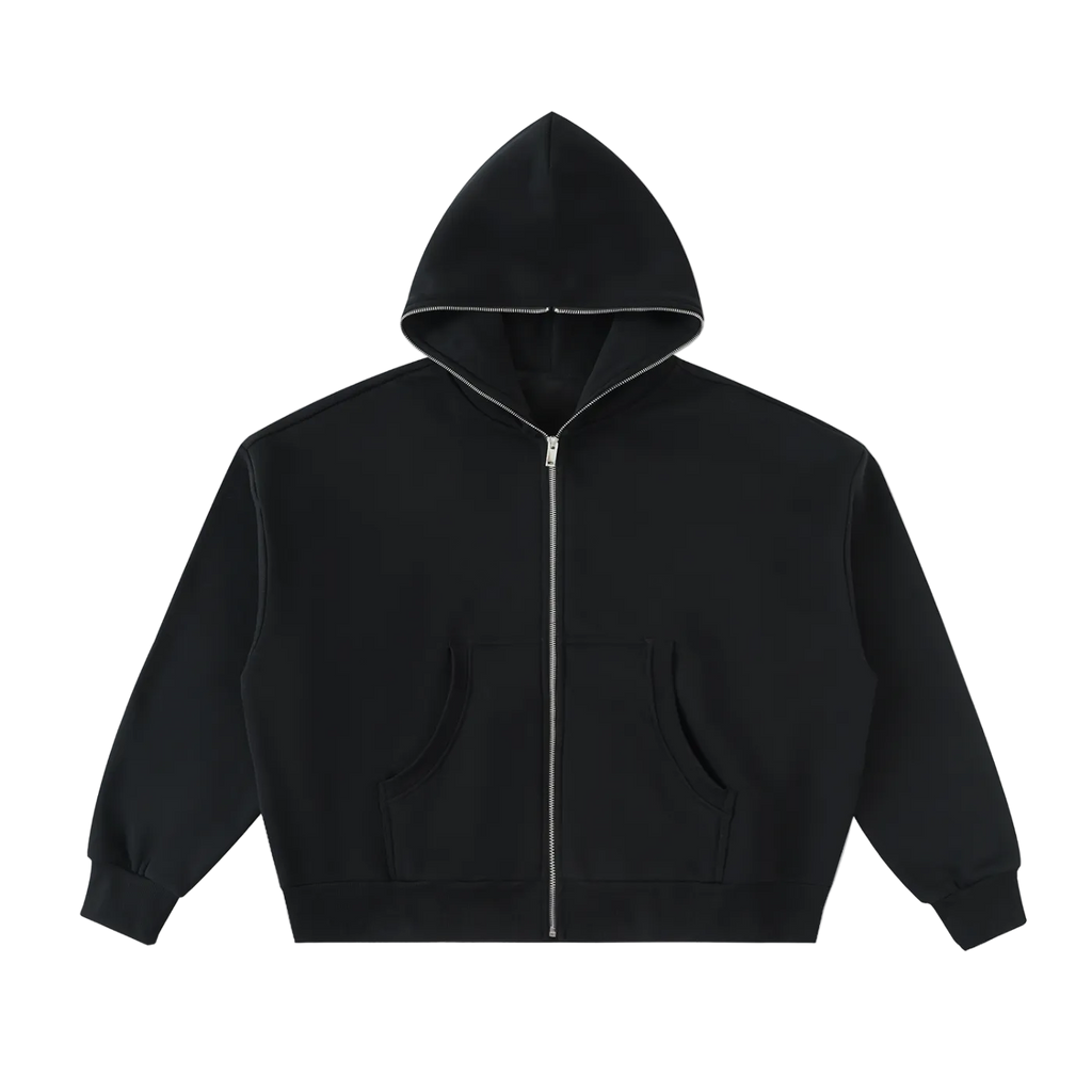 Sudadera negra con capucha getabbe, vista trasera con gráfico spray art de figura humana en blanco cayendo, corte crop holgado, manga larga, fondo blanco
