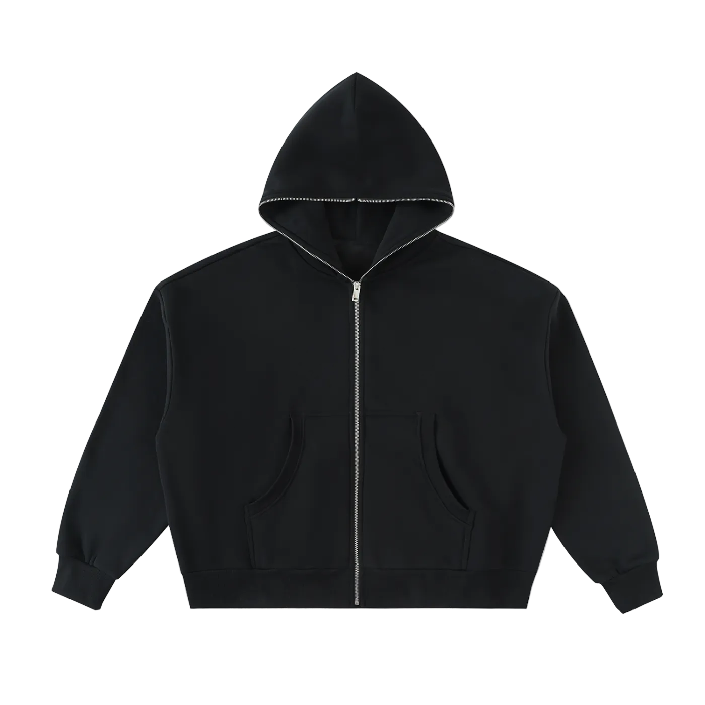 Sudadera negra con capucha getabbe, vista trasera con gráfico spray art de figura humana en blanco cayendo, corte crop holgado, manga larga, fondo blanco