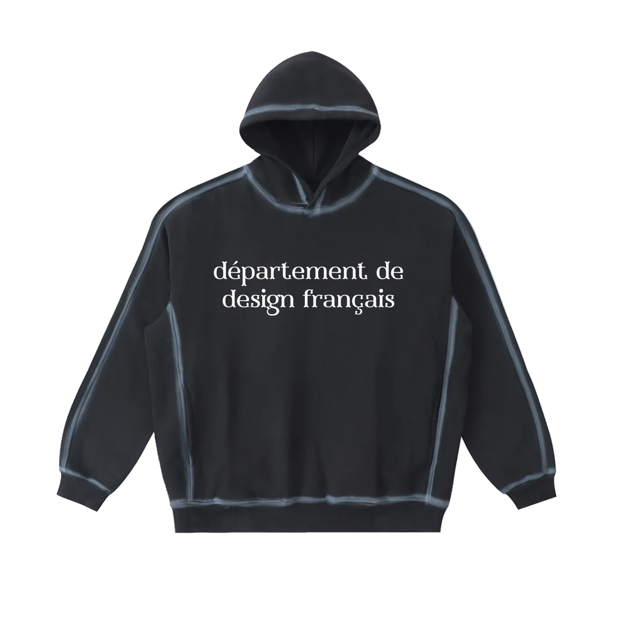 Sudadera oversized negra lavada getabbe con capucha, texto "département de design français" en blanco al frente, costuras visibles con efecto sun fade, corte holgado, fondo blanco