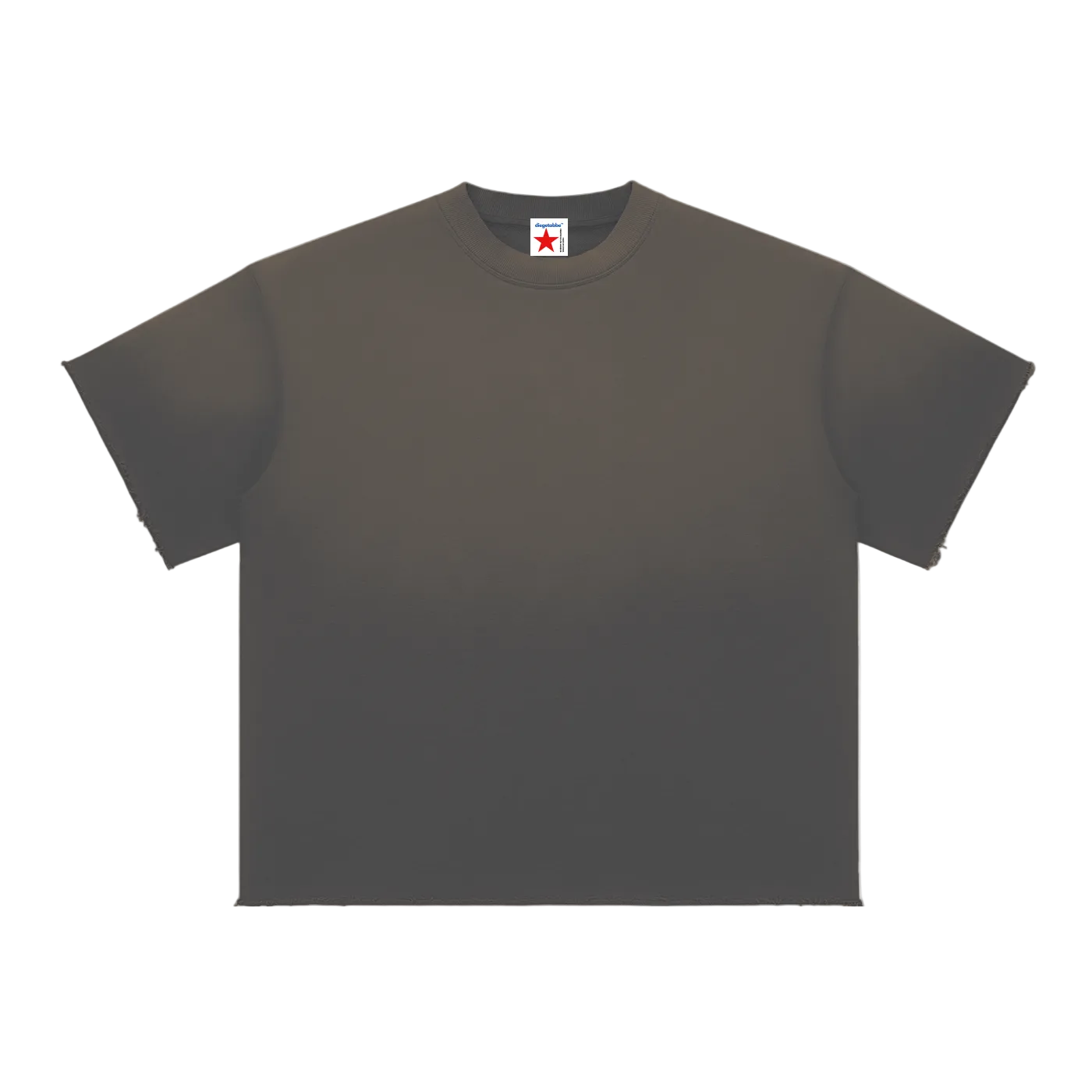 Camiseta gris oscuro streetwear getabbe, vista trasera con gráfico circular "Design Department From Diegetabbe" en blanco, fondo blanco