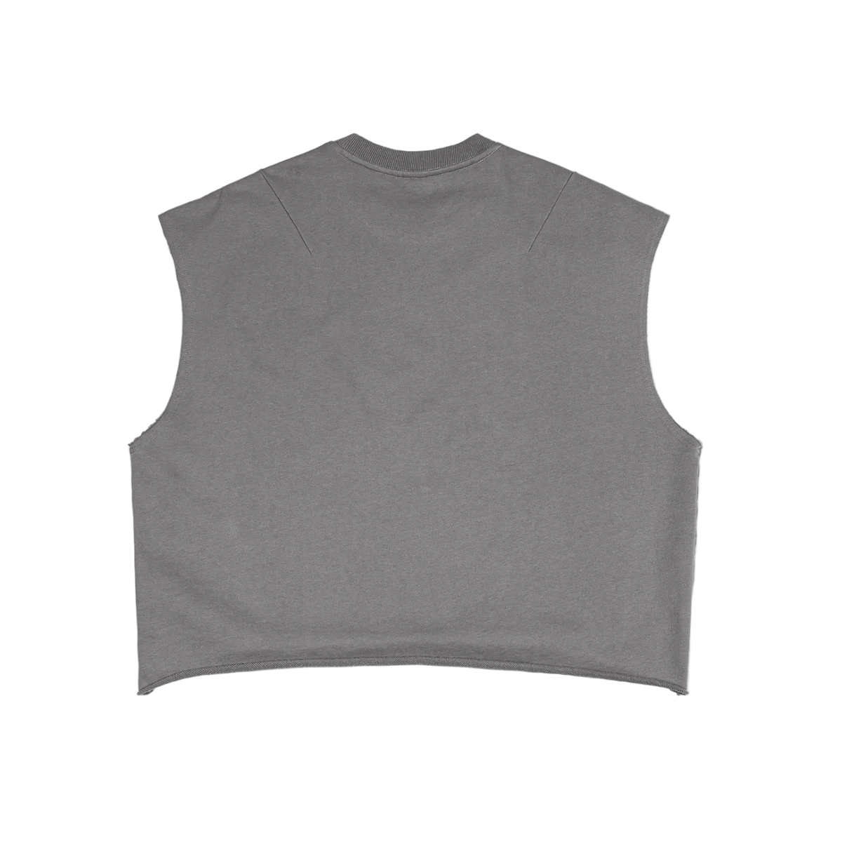 Camiseta sin mangas gris getabbe de corte crop cuadrado, cuello redondo acanalado, dobladillo curvo deshilachado frayed, etiqueta con estrella roja en cuello, fondo blanco