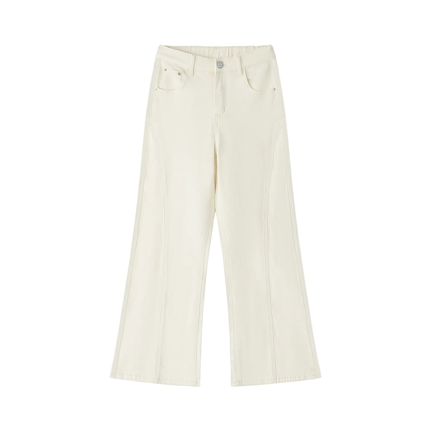Pantalón acampanado blanco hueso getabbe vista trasera, estrella negra bordada en bolsillo trasero derecho, dos bolsillos traseros parche, cintura elástica, pierna flare, mujer, fondo blanco