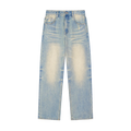 Jeans azules pierna ancha getabbe con efecto sun fade lavado, desgaste en muslos y rodillas, talle medio, bolsillos frontales y traseros, dobladillo raw hem deshilachado, corte holgado unisex, fondo blanco