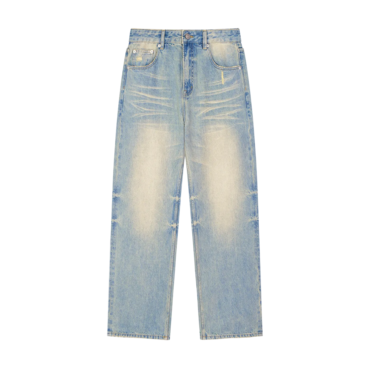 Jeans azules pierna ancha getabbe con efecto sun fade lavado, desgaste en muslos y rodillas, talle medio, bolsillos frontales y traseros, dobladillo raw hem deshilachado, corte holgado unisex, fondo blanco