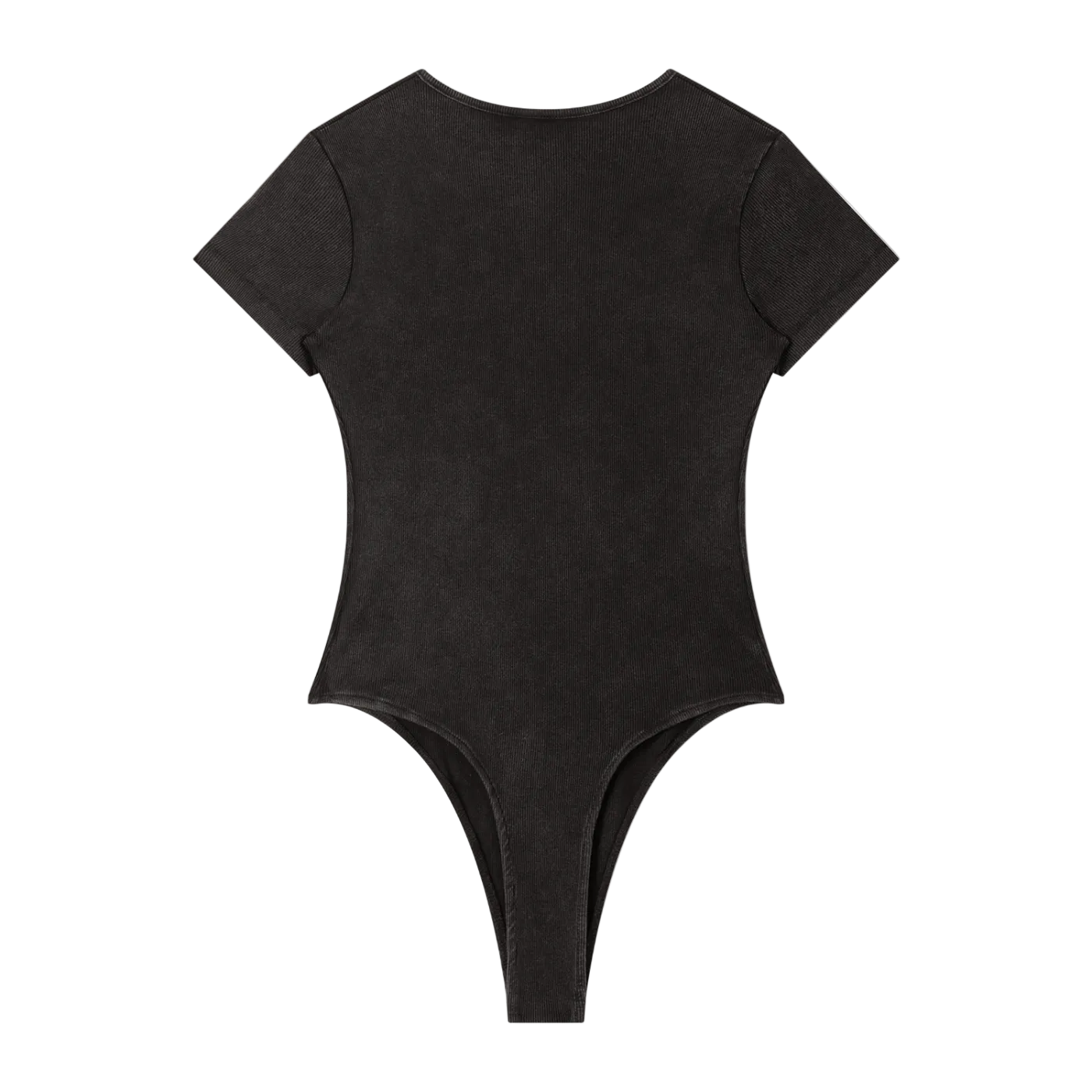 Bodysuit negro mineral wash getabbe de manga corta, tejido acanalado ribbed, cuello redondo, corte ajustado segunda piel, silueta entallada, corte tanga en la parte inferior, mujer, fondo blanco