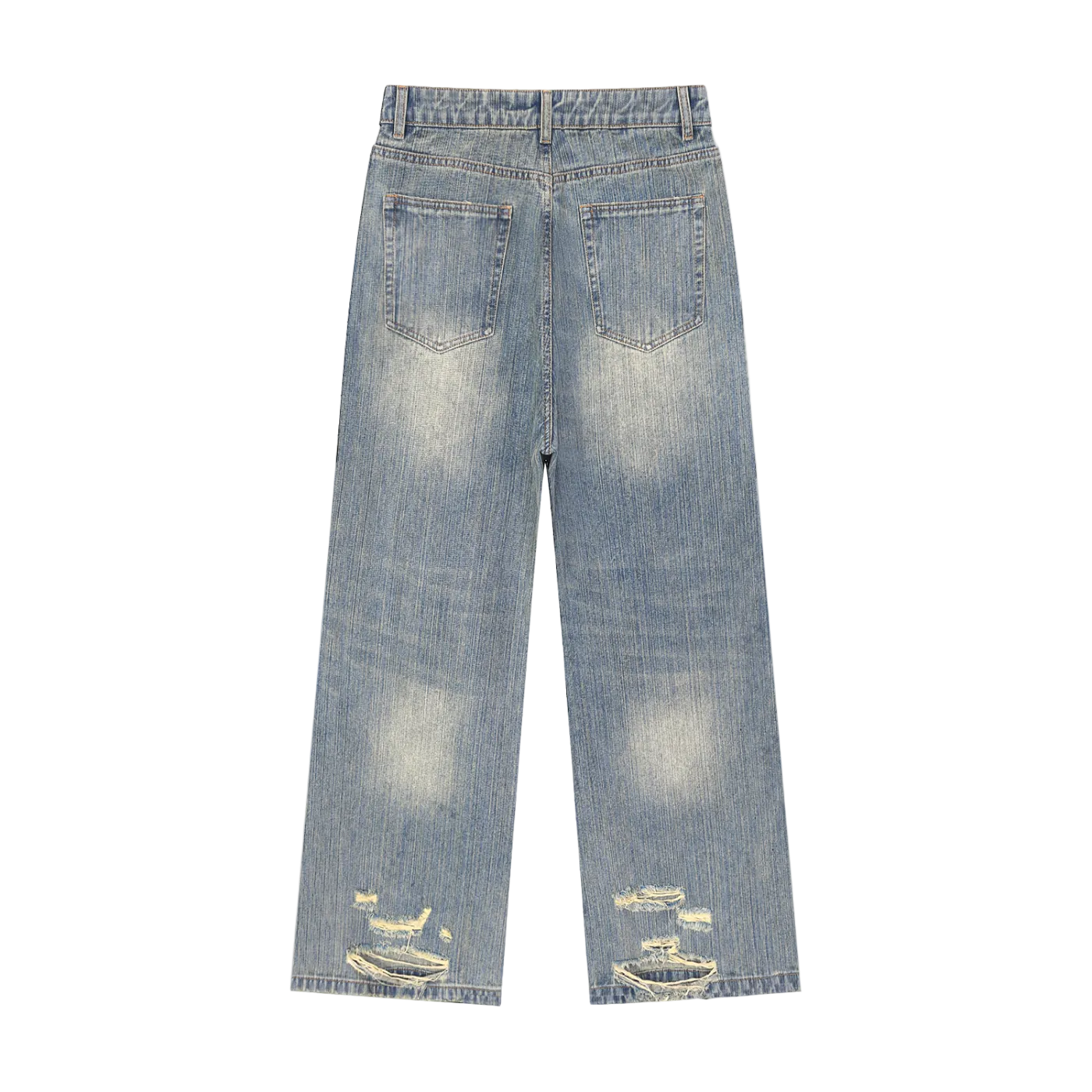 Jeans azules pierna ancha getabbe con lavado vintage, desgaste en muslos, rotura ripped en rodilla derecha, talle medio, bolsillos frontales, corte holgado unisex, fondo blanco