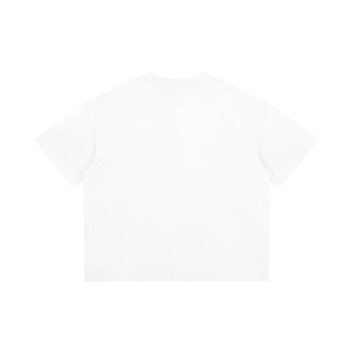 Camiseta blanca getabbe con símbolo ® negro y números "1 2 3 4 5 6 7 8 9" en negro estilo stencil, todo en un solo color, etiqueta con estrella roja en cuello, hombro caído, corte boxy holgado unisex, fondo blanco