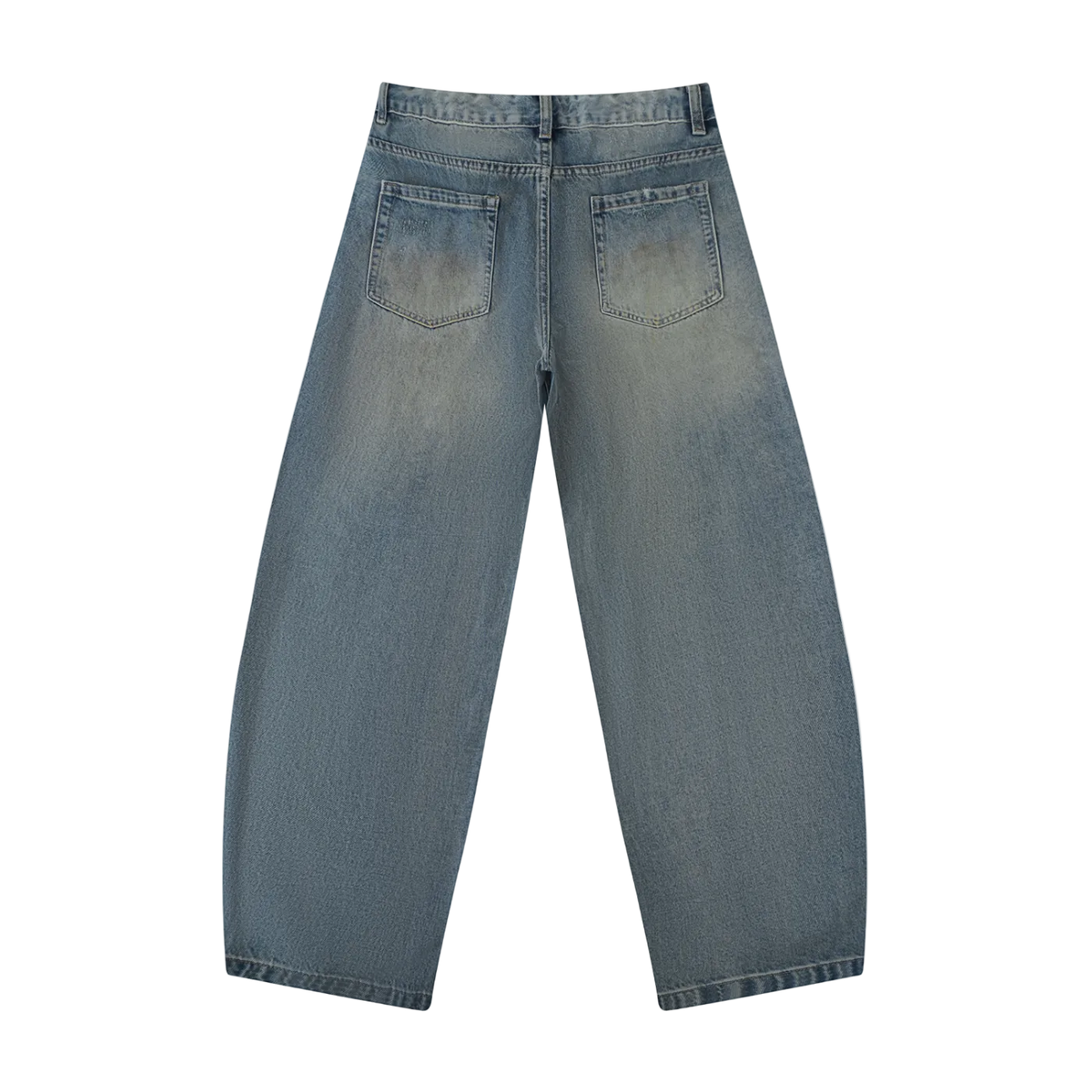 Jeans azules pierna ancha balloon getabbe con lavado vintage sun fade, roturas ripped en muslo y rodilla izquierda, desgaste en cadera, talle medio, bolsillos frontales, corte holgado hombre, fondo blanco