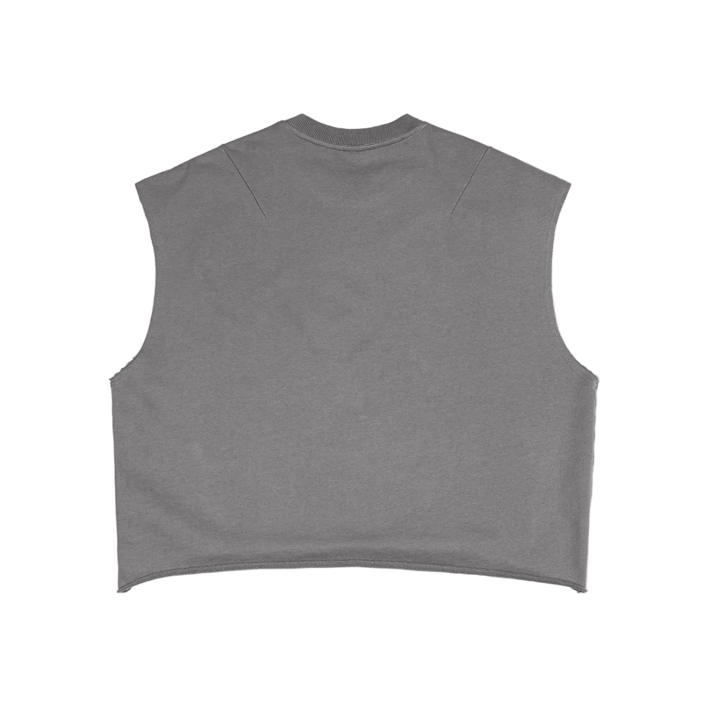 Tank top gris sin mangas getabbe con texto "département de design français" en blanco, acabado frayed, etiqueta con estrella roja, fondo blanco