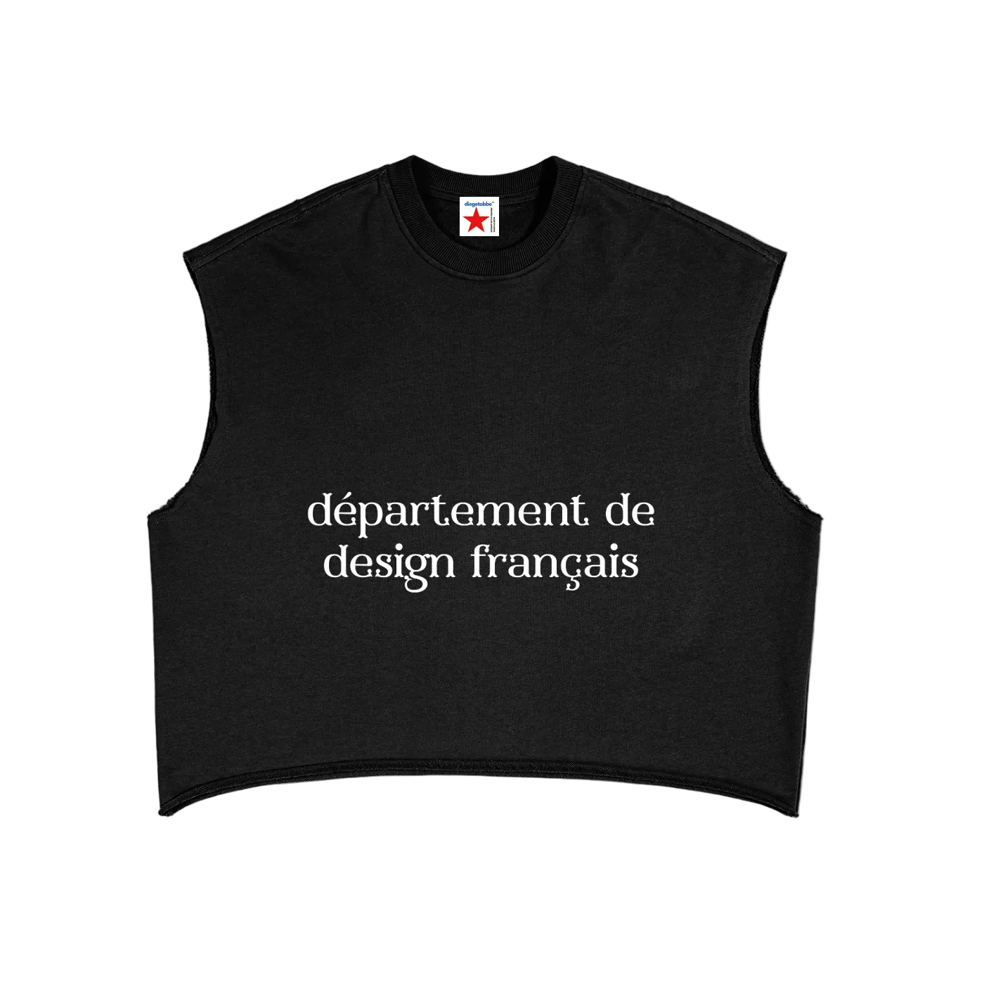 Tank top negro sin mangas getabbe con texto "département de design français" en blanco, acabado frayed, etiqueta con estrella roja, fondo blanco