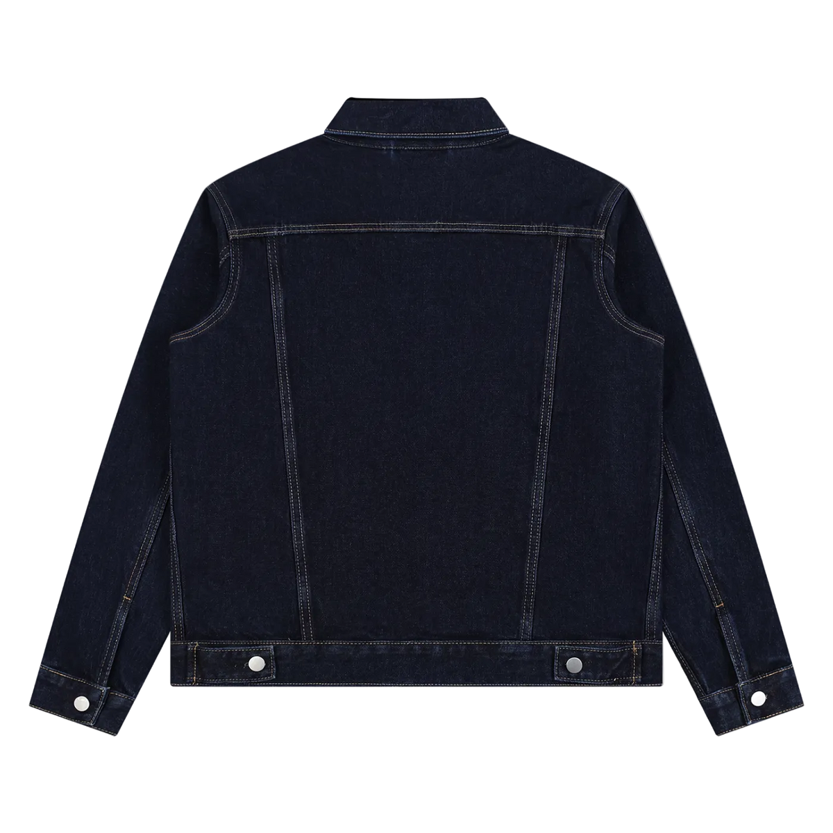 Chaqueta vaquera azul marino oscuro getabbe con botones metálicos plateados, bolsillos frontales y pecho, cuello solapa, costuras en contraste, etiqueta con estrella roja en cuello, corte holgado unisex, fondo blanco