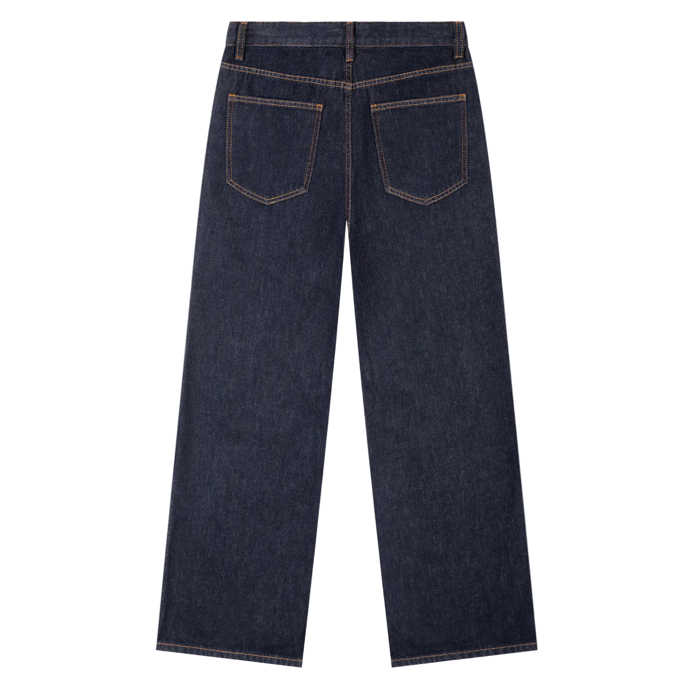 Jeans azul marino oscuro getabbe de corte recto y holgado, costuras en contraste dorado, detalle metálico plateado en bolsillo frontal izquierdo, talle medio, fondo blanco
