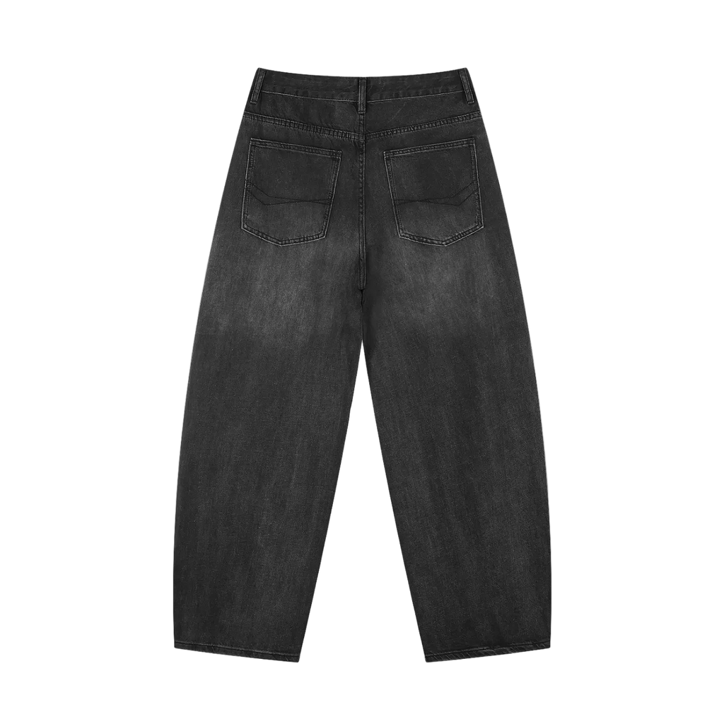  Jeans negros pierna ancha balloon getabbe con lavado sun fade vintage, desgaste grisáceo en muslos y rodillas, talle medio, bolsillos frontales, corte holgado hombre, fondo blanco