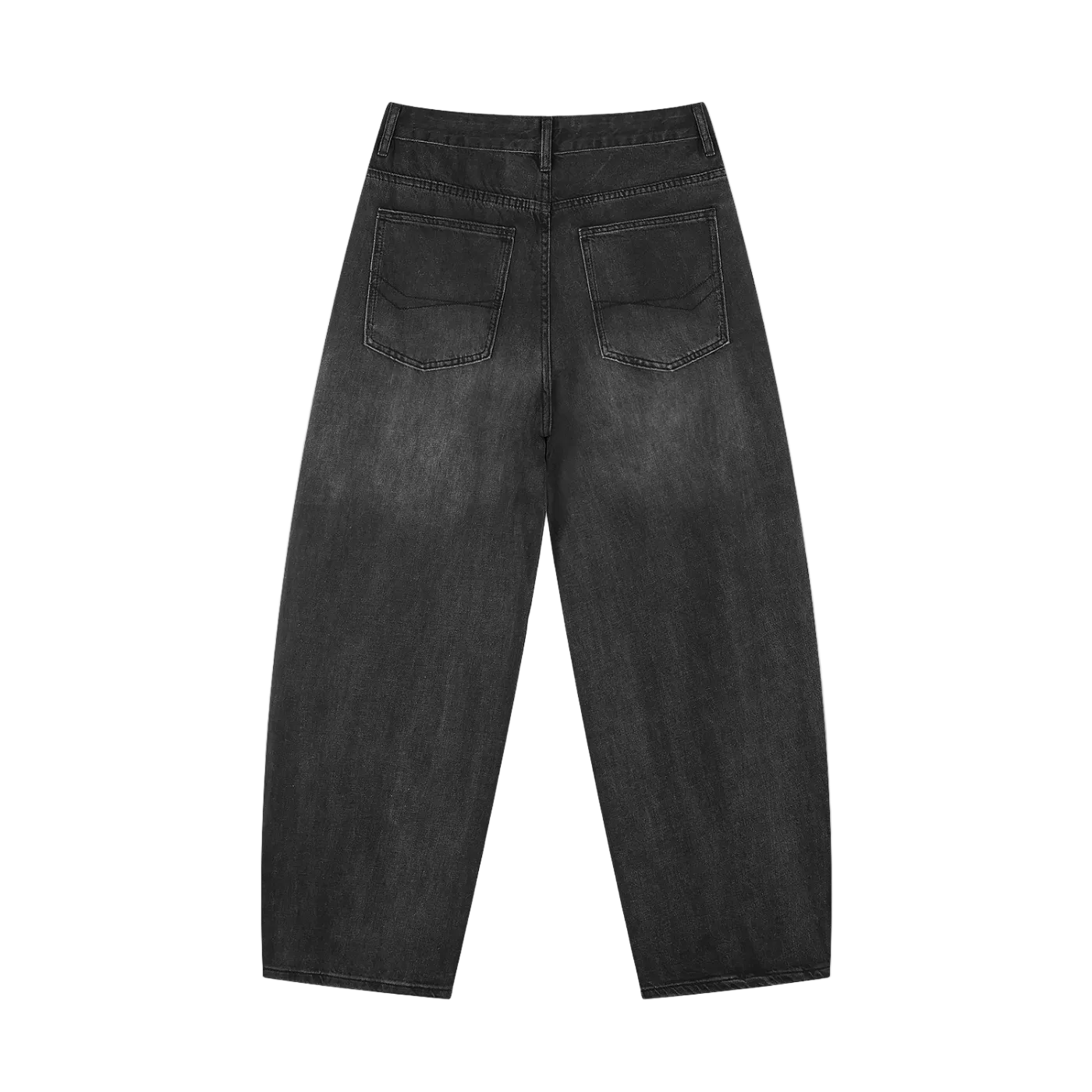  Jeans negros pierna ancha balloon getabbe con lavado sun fade vintage, desgaste grisáceo en muslos y rodillas, talle medio, bolsillos frontales, corte holgado hombre, fondo blanco