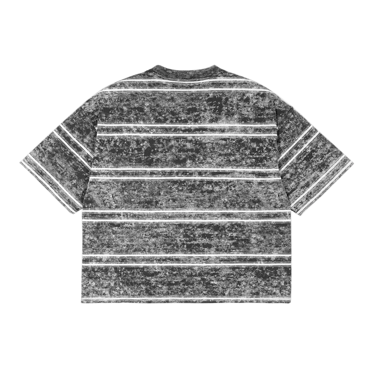 Camiseta crop gris oscuro getabbe con rayas horizontales blancas, logo "diegetabbe" en rojo y letra "R" en negro al centro, acabado snow wash moteado, hombro caído, etiqueta con estrella roja, fondo blanco