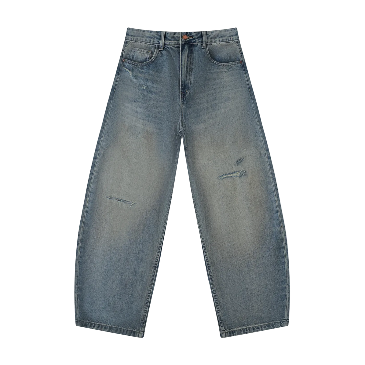 Jeans azules pierna ancha balloon getabbe con lavado vintage sun fade, roturas ripped en muslo y rodilla izquierda, desgaste en cadera, talle medio, bolsillos frontales, corte holgado hombre, fondo blanco