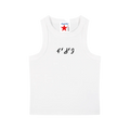 Tank top crop blanco getabbe sin mangas con texto manuscrito "f'd'g" en negro al centro, etiqueta diegetabbe con estrella roja en cuello cuadrado, corte ajustado, mujer, fondo blanco