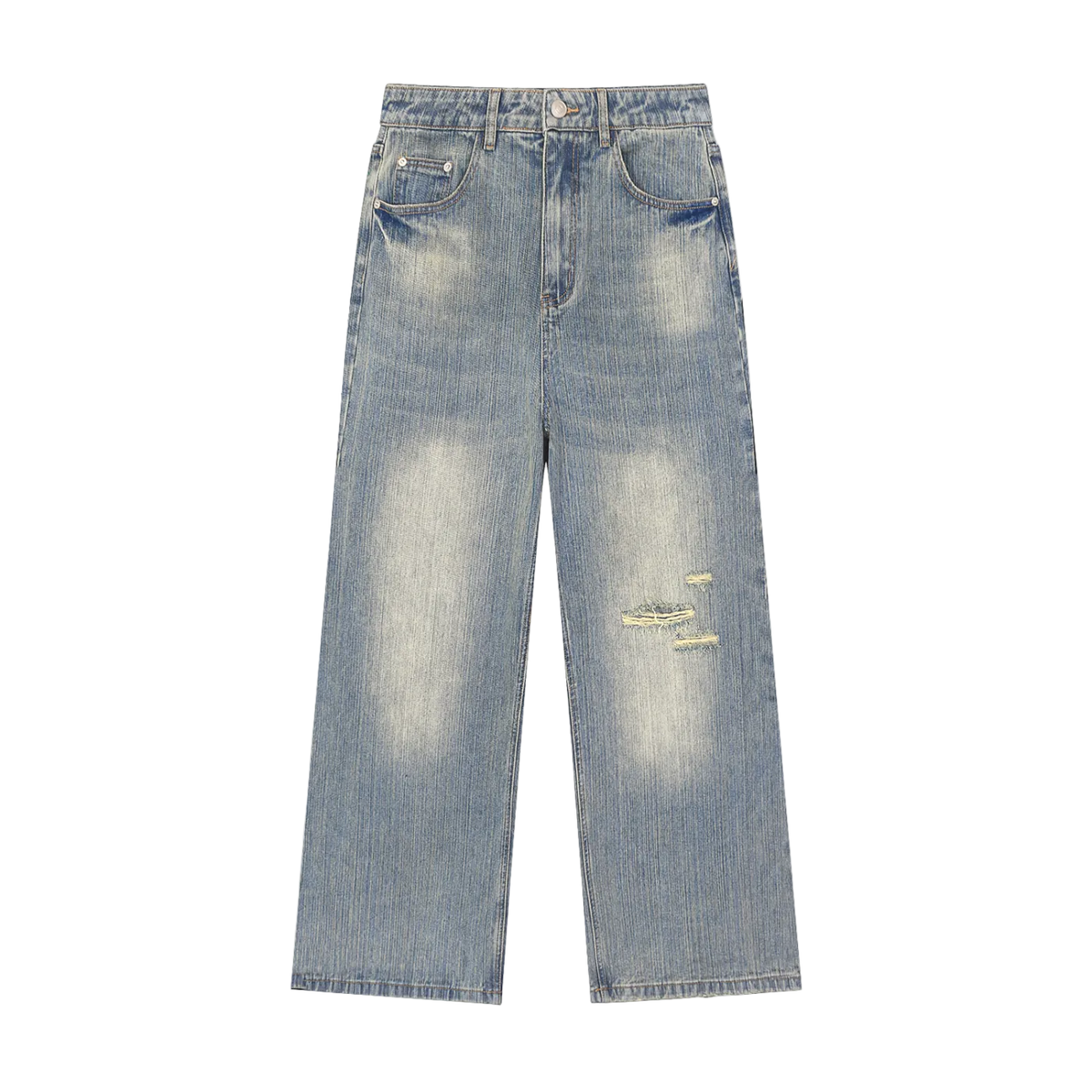 Jeans azules pierna ancha getabbe con lavado vintage, desgaste en muslos, rotura ripped en rodilla derecha, talle medio, bolsillos frontales, corte holgado unisex, fondo blanco