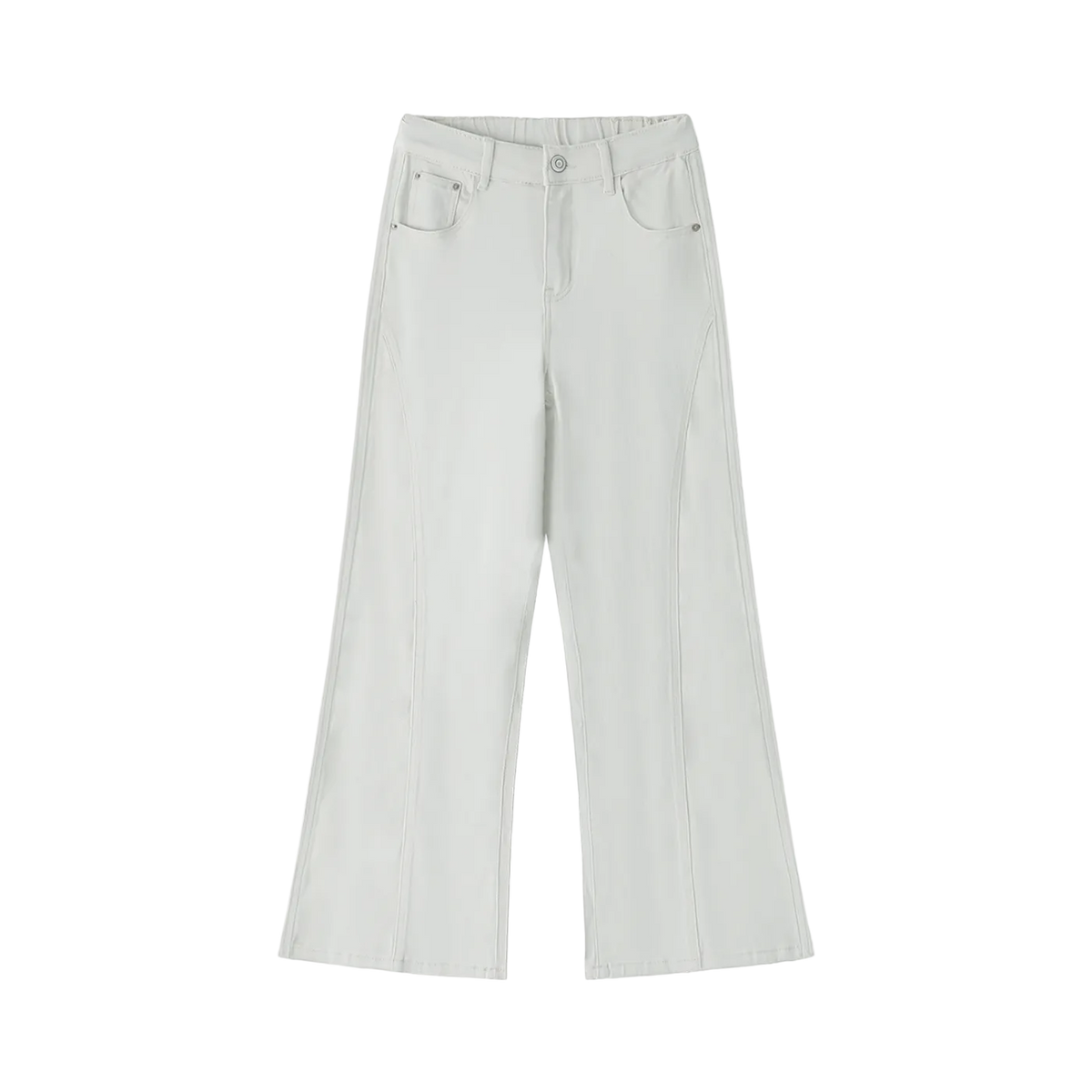 Pantalón acampanado gris claro getabbe vista trasera, estrella negra bordada en bolsillo trasero derecho, dos bolsillos traseros parche, cintura elástica, pierna flare, mujer, fondo blanco