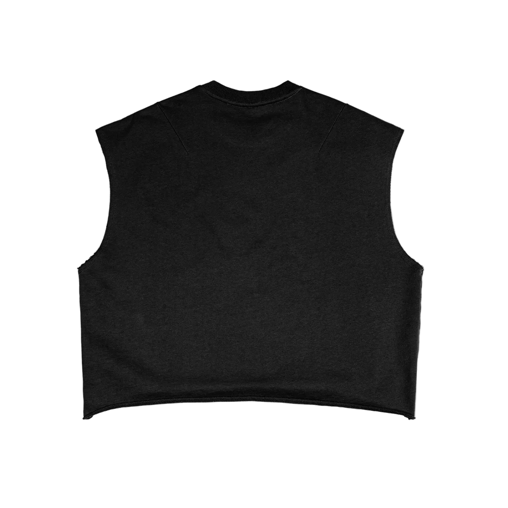Tank top negro sin mangas getabbe con texto "département de design français" en blanco, acabado frayed, etiqueta con estrella roja, fondo blanco