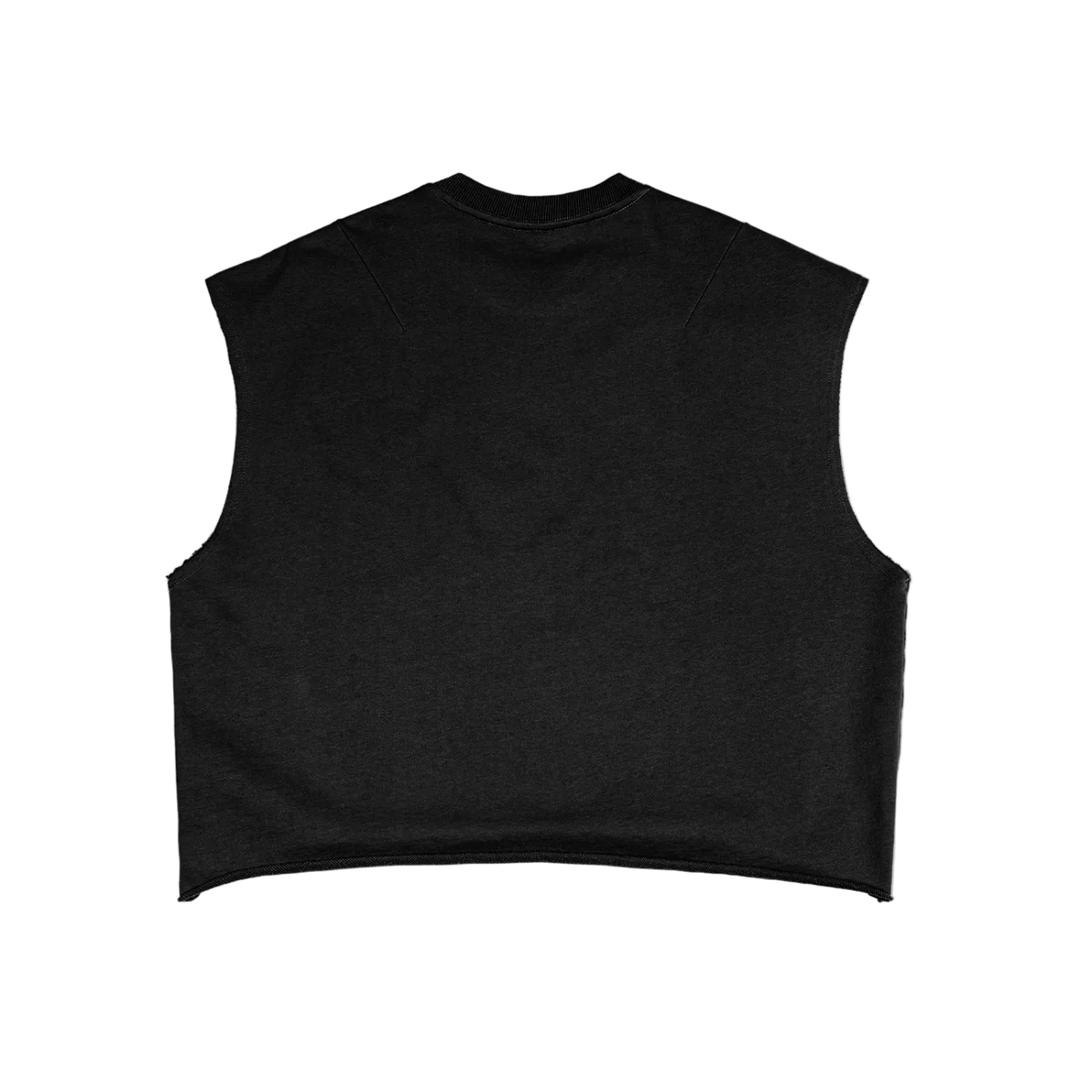 Tank top negro sin mangas getabbe con texto "département de design français" en blanco, acabado frayed, etiqueta con estrella roja, fondo blanco