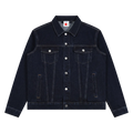 Chaqueta vaquera azul marino oscuro getabbe con botones metálicos plateados, bolsillos frontales y pecho, cuello solapa, costuras en contraste, etiqueta con estrella roja en cuello, corte holgado unisex, fondo blanco