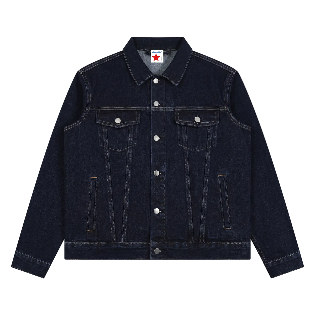 Chaqueta vaquera azul marino oscuro getabbe con botones metálicos plateados, bolsillos frontales y pecho, cuello solapa, costuras en contraste, etiqueta con estrella roja en cuello, corte holgado unisex, fondo blanco