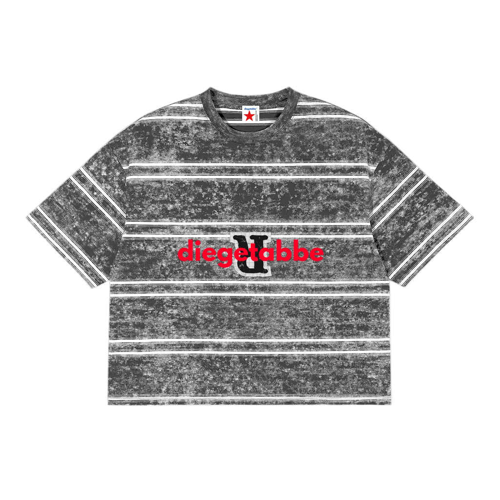 Camiseta crop gris oscuro getabbe con rayas horizontales blancas, logo "diegetabbe" en rojo y letra "R" en negro al centro, acabado snow wash moteado, hombro caído, etiqueta con estrella roja, fondo blanco