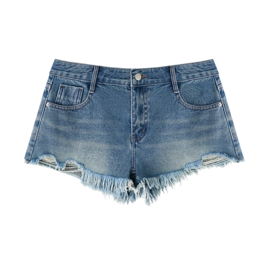 Short denim azul getabbe vista trasera, estrella negra bordada en bolsillo izquierdo y estrella blanca en bolsillo derecho, dobladillo raw hem deshilachado, lavado vintage, talle bajo, mujer, fondo blanco