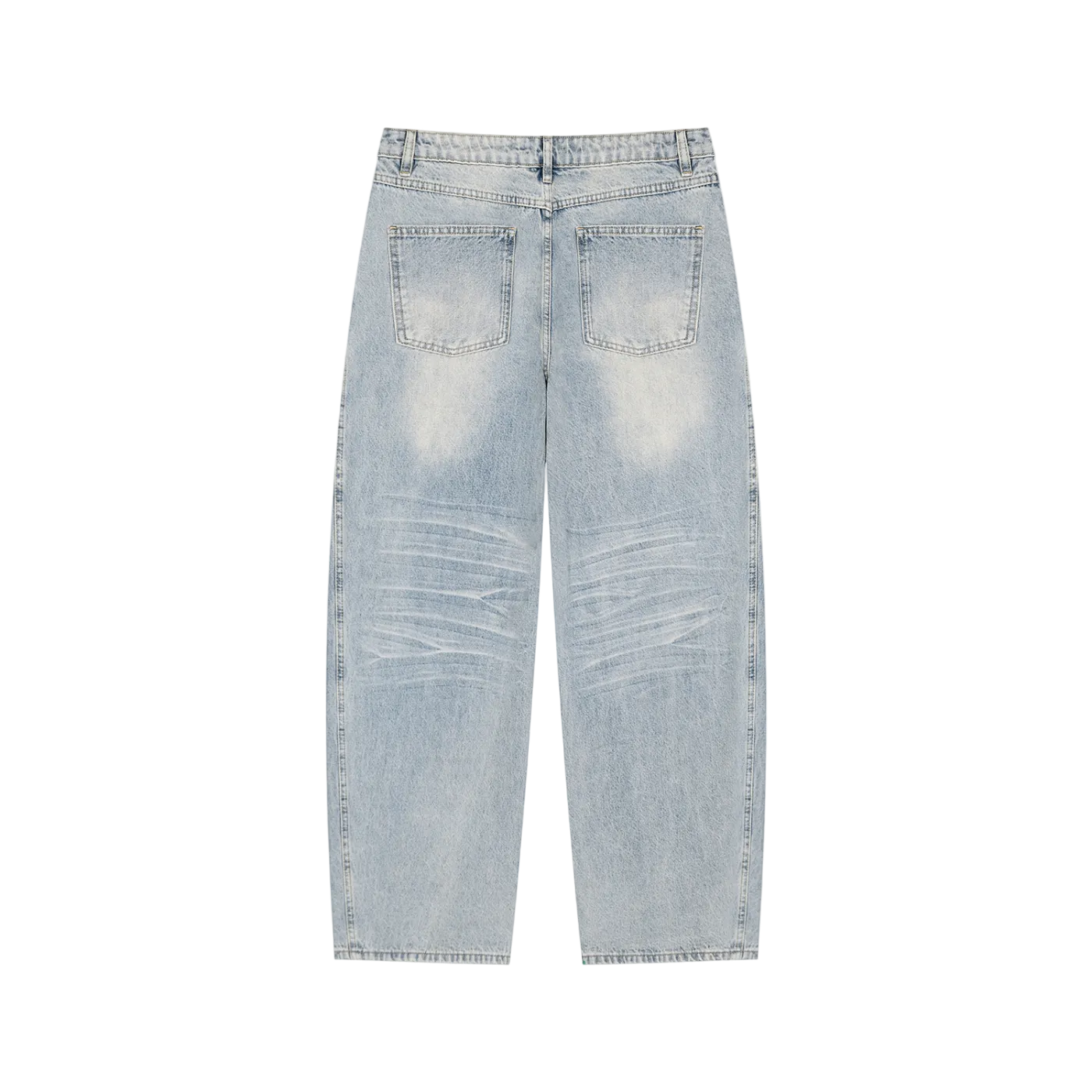 Jeans azules pierna ancha getabbe con lavado enzyme wash vintage, desgaste en muslos, corte holgado balloon, talle medio, bolsillos frontales, fondo blanco