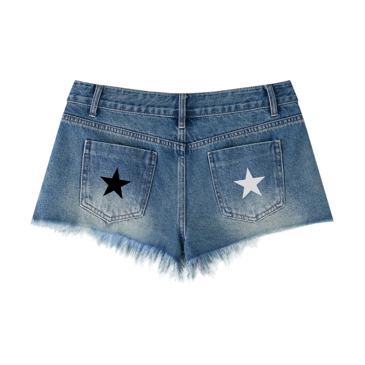 Short denim azul getabbe vista trasera, estrella negra bordada en bolsillo izquierdo y estrella blanca en bolsillo derecho, dobladillo raw hem deshilachado, lavado vintage, talle bajo, mujer, fondo blanco
