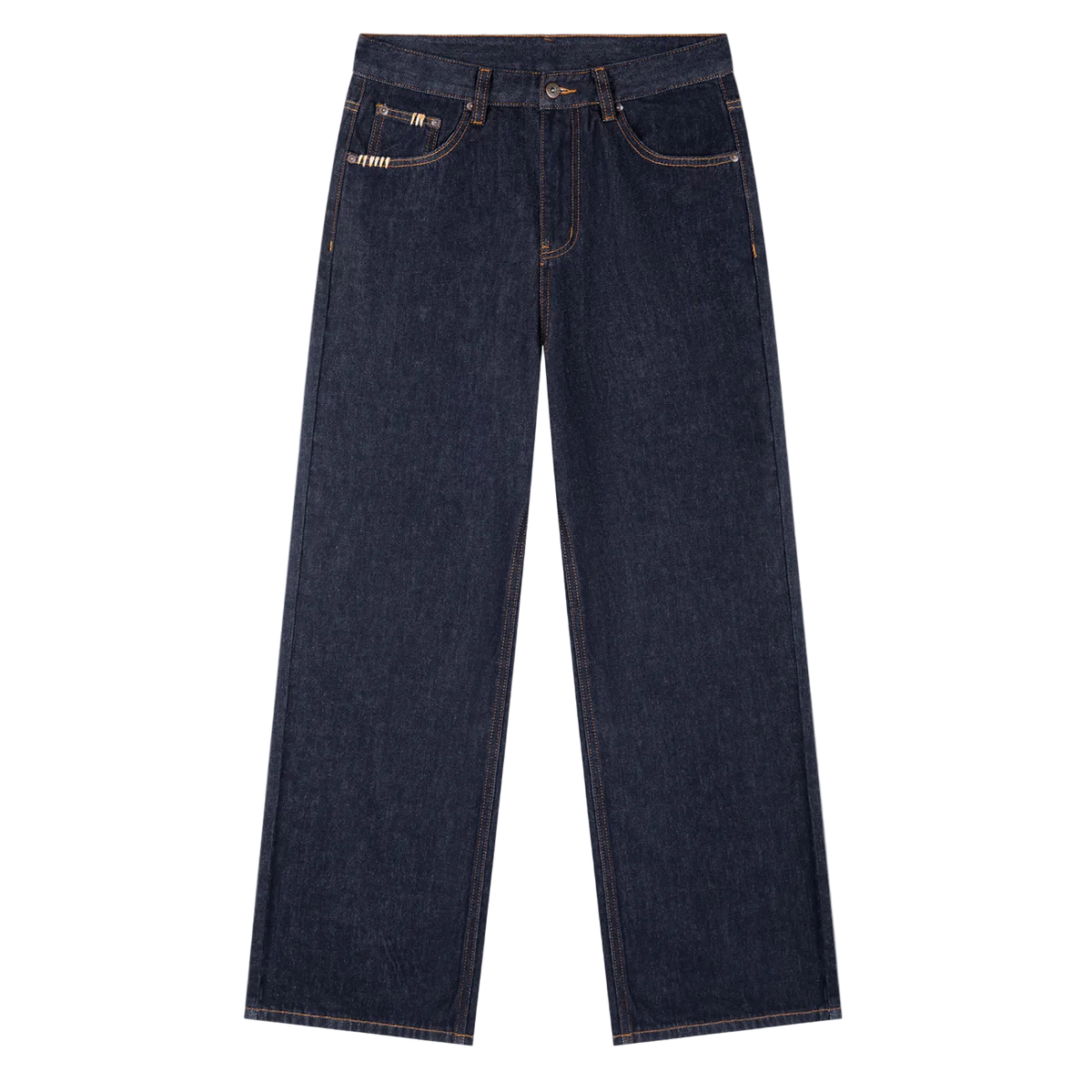 Jeans azul marino oscuro getabbe de corte recto y holgado, costuras en contraste dorado, detalle metálico plateado en bolsillo frontal izquierdo, talle medio, fondo blanco