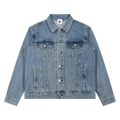Chaqueta vaquera azul lavada getabbe con botones metálicos, bolsillos frontales y pecho, cuello solapa, etiqueta con estrella roja visible en cuello, corte holgado unisex, fondo blanco